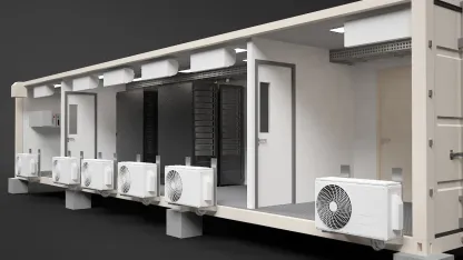 Visualisasi tiga dimensi data center kontainer, dipotong untuk memperlihatkan rak perangkat di dalam dan deretan unit pendingin di satu sisinya.