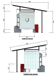 Gambar tampak depan dan tampak belakang kontainer beserta kanopinya, lengkap dengan ukuran dalam milimeter.