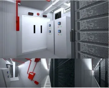 Empat visualisasi interior kontainer: lorong berdinding putih, panel kontrol di ujungnya, pipa pemadam merah di langit-langit, dan deretan rak.