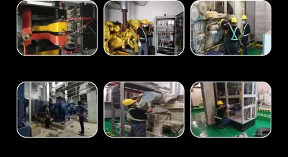Enam foto dalam satu susunan: terminasi kabel berukuran besar, genset di samping panel kontrolnya, dan tim yang bekerja di ruang mesin.