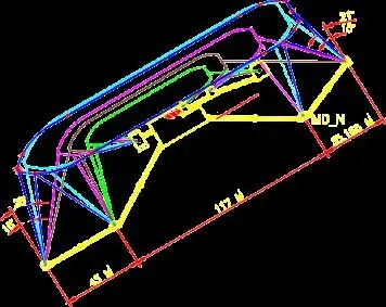 Perspektif rangka kawat berwarna dari tata letak dermaga, dengan dimensi utama tercantum di sisi-sisinya.