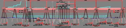 Tampak depan keseluruhan bentang jetty, portal tiang pancangnya digambar berjarak teratur di sepanjang dek.